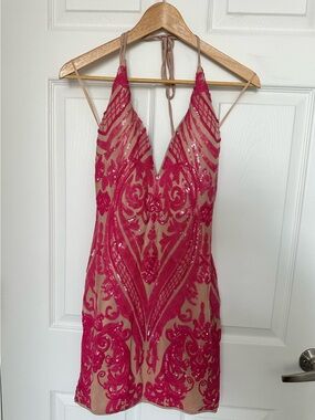 Windsor Nude & Hot Pink Sequin Halter Mini Dress